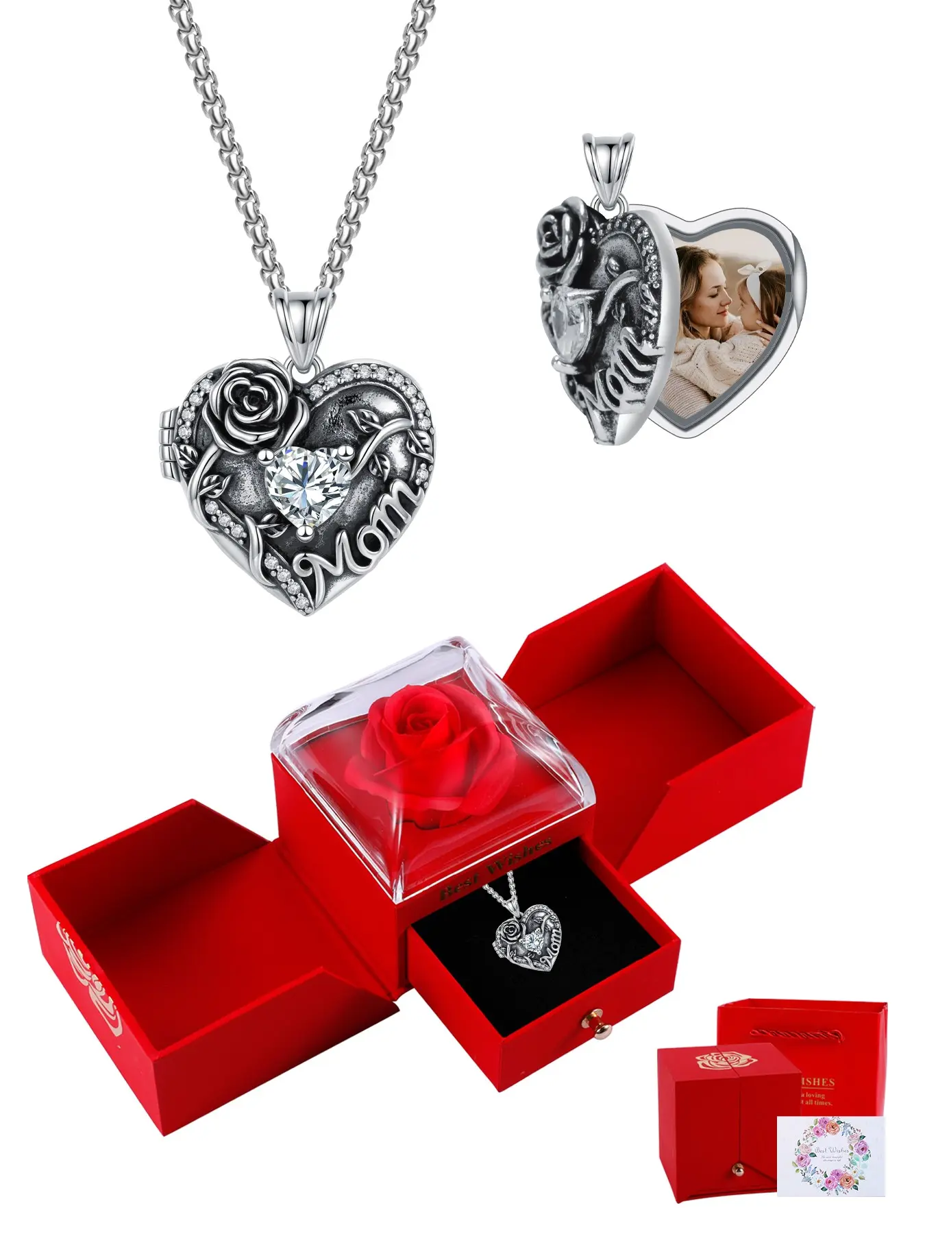 Rose Mom Locket Heart Shaped Necklace With Rose Jewelry Gift Box, Memorial Custom Locket Necklace that Holds Pictures, Mother's Day Christmas Jewelry Gift for Mom from Daughter and Son, Copper Chain Jewelry