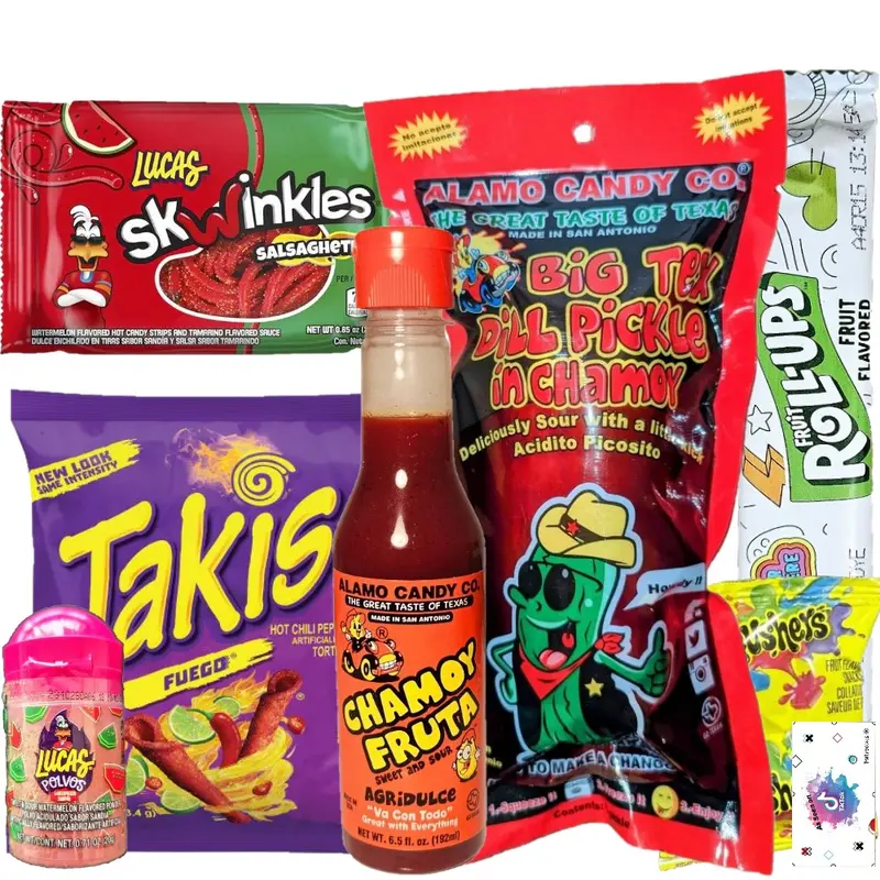 Chamoy Pickle Kit Deluxe with takis, fruit rollup, chamoy fruta liquid, skwinkles, gushers, lucas powder, popular mexican candy