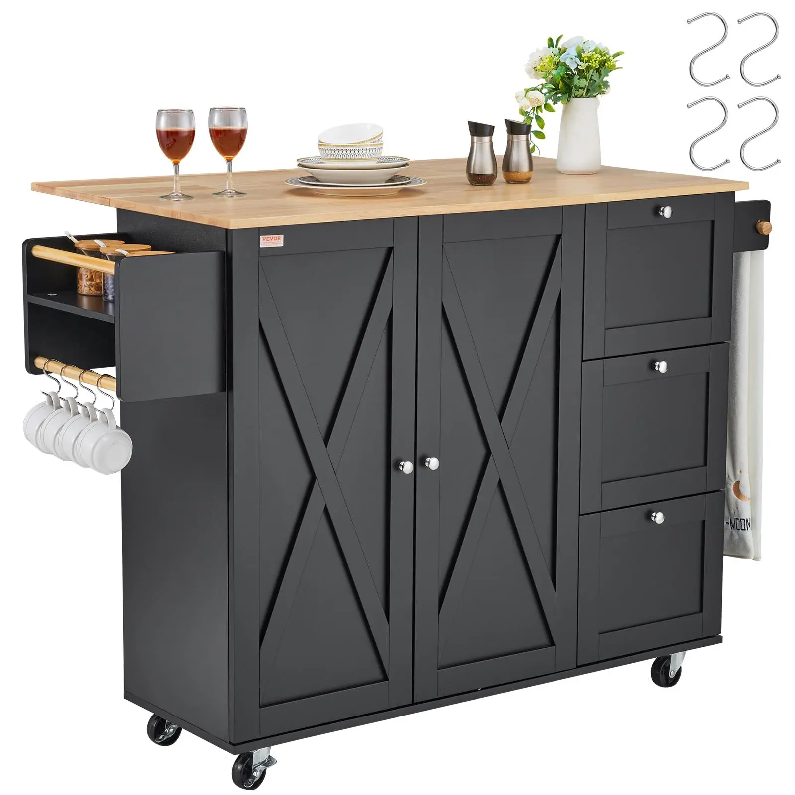 【Summerfinds】VEVOR 56" Wood Top Mobile Kitchen Island Cart - Storage Furniture, Multifunctional Durable Woodworking-Grade Large-Scale Floor Cabinets with Drop Leaf, Spice Rack, Towel Bar, Adjustable Shelf, Drawer, Hooks, Wheels (Black)