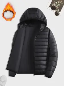 Men's Solid Color Hooded Padded Coat, Regular Fit Casual Thermal Long Sleeve Zip Up Outerwear for Fall & Winter, Men's Clothes for Daily Wear, Hooded Puffer Coat, Jackets