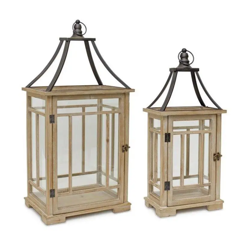Melrose Natural Wooden Floor Lantern with Open Top (Set of 2)