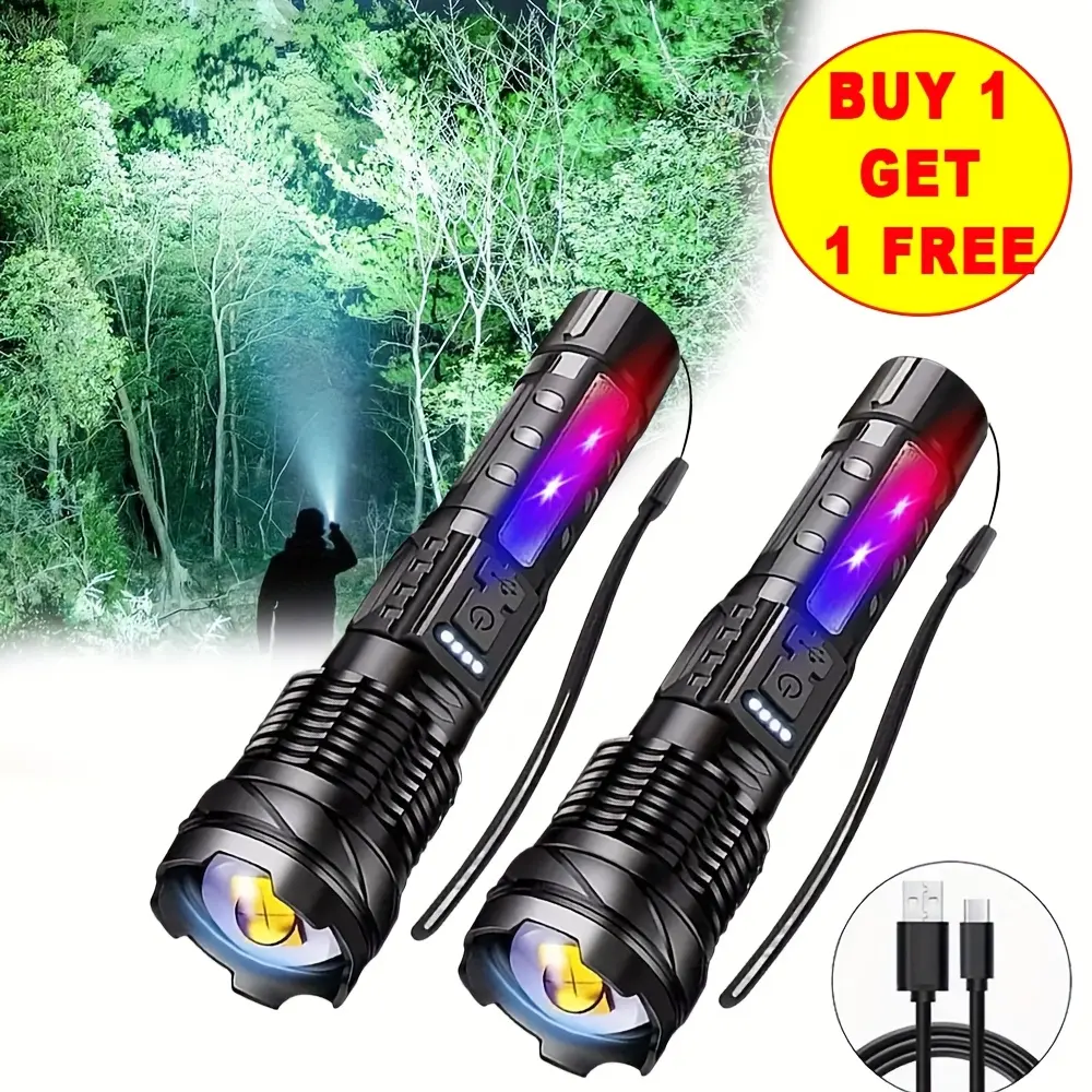 Buy 1 Get 1 Free, Totally 2 Pieces of Multi-Function Torch High Lumen Rechargeable LED Battery Powered, There Are 7 Light Modes, Cob Sidelight, USB C, Zoom, Powerful Handheld Flash Is Very Suitable for Emergency Situations, camping, Outdoor Adventure