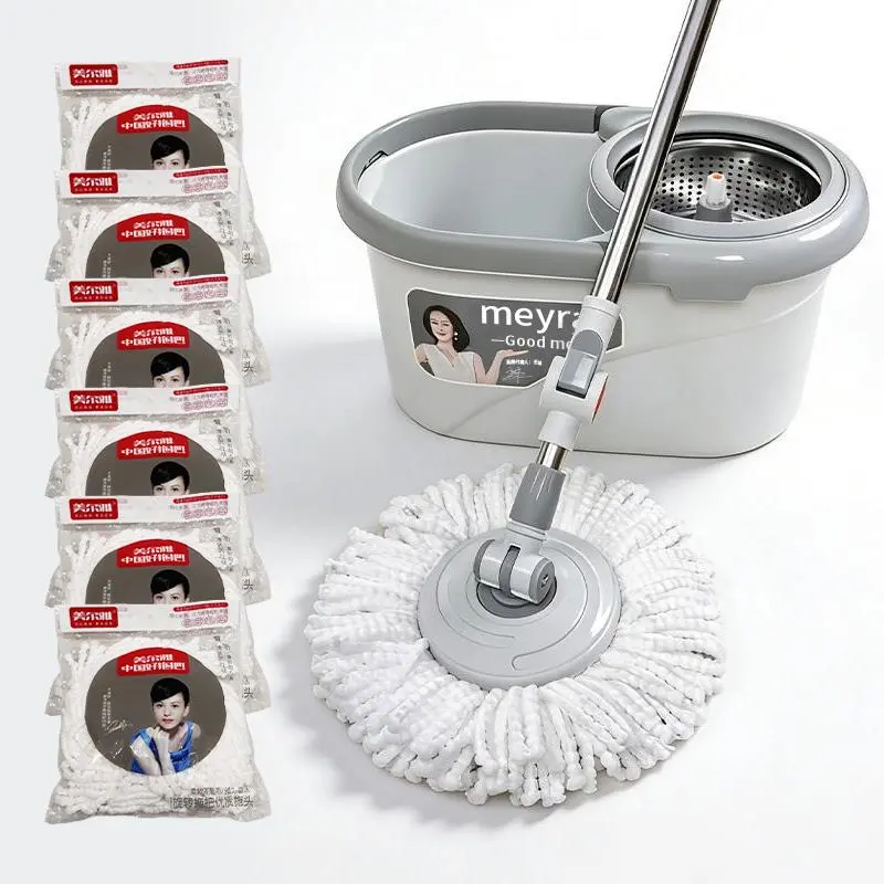 Spin Mop And Bucket Set withWringer, 360 Rotating Mop BucketSystem, Includes 6 Microfiber MopRefill Heads And an AdjustableStainless Steel Handle, Ideal forBathroom Use, Efficient Floor