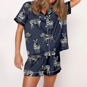 Zebra Satin Pajama Set For Women Print Comfy Satin Sleepwear & Loungewear Pjs Printing Silky Top & Bottoms - SHESHOW