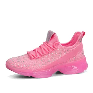 LUCKY STEP Women's Rhinestone Mesh Slip On Walking Shoes Fashion Breathable Sparkle Glitter Sneaker with Memory Foam Insole & Chunky Transparent Outsole