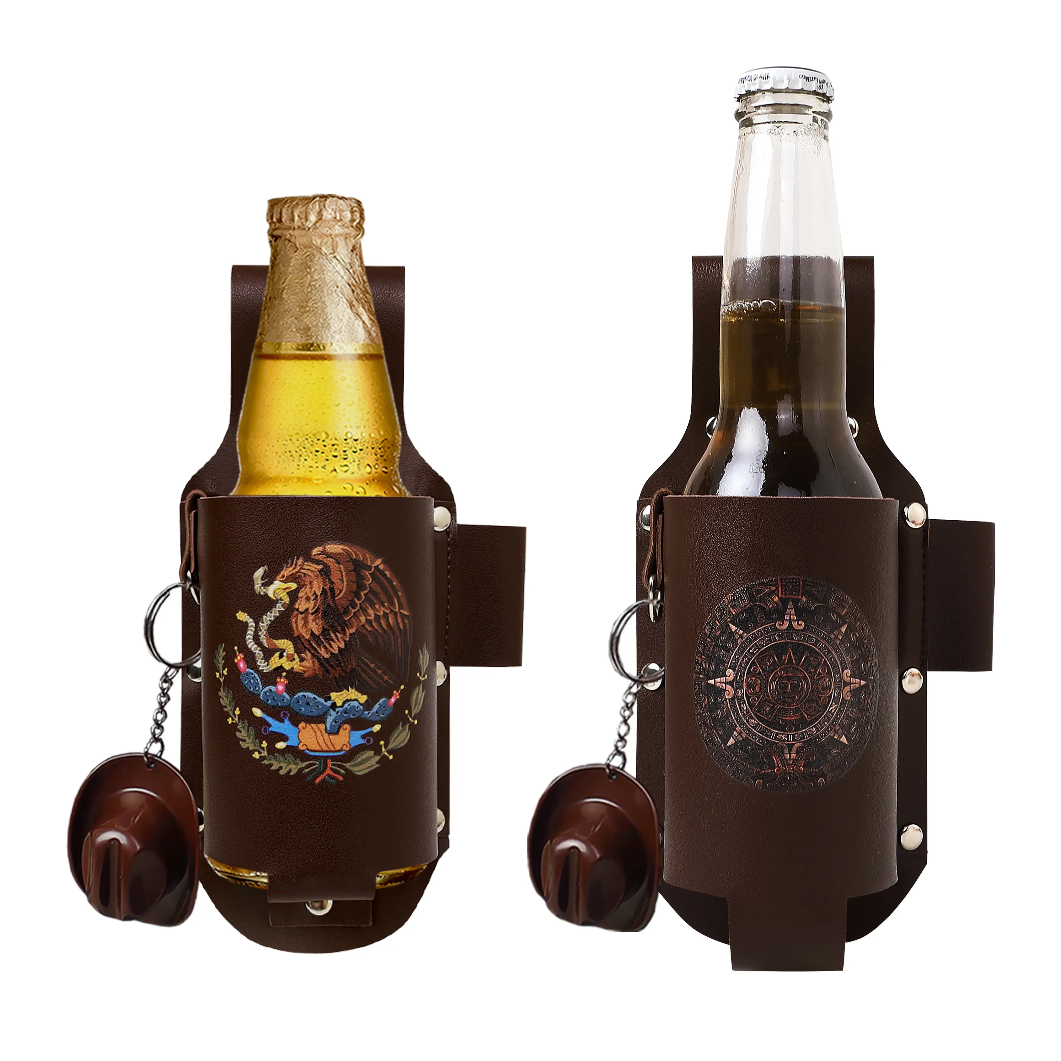 Traditional Mexican Leather Beverage Holster Belt Set, Brown Drink Holders, Hands-Free Bottle Holder for Outdoor-Camping, Practical Gift for Men-Women | Kitchenware Drinkware Accessory