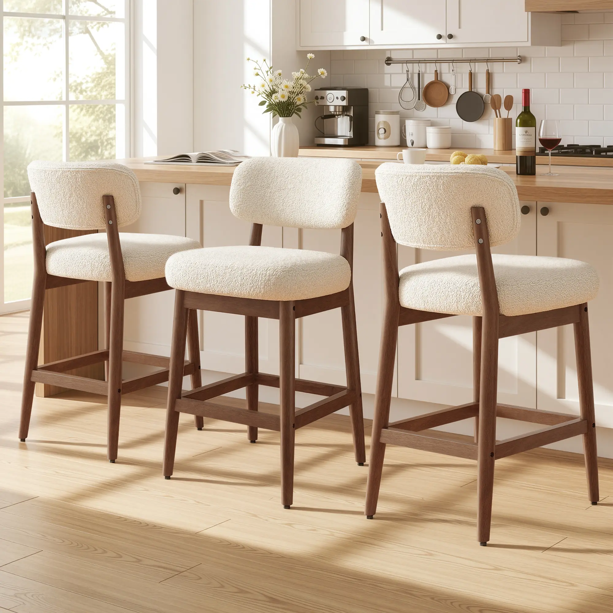 Counter Height Solid Wood Bar Stools Set of 2, Fluffy Boucle Bar Chairs with Thick Cushion, Mid-Century Modern Upholstered Stools with Backrest for Kitchen Island, Home Bar