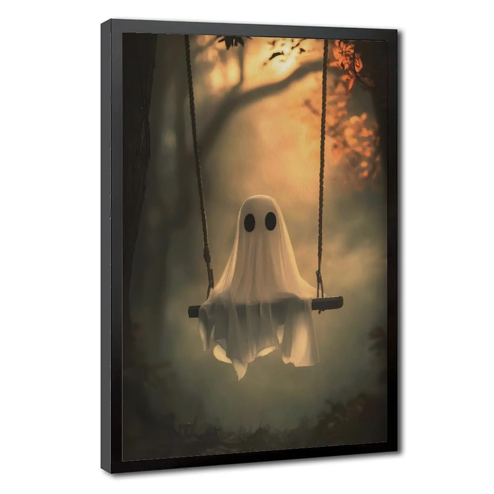 Vintage Cute Ghost Canvas Wall Art, Funny Ghost on A Swing in The Forest Aesthetic Poster, Gothic Dark Academia Wall Decor, Creepy Spooky Abandoned Art Halloween Pictures