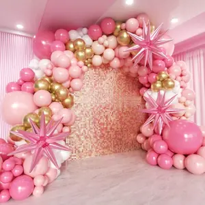 172PCS Pink Balloon Arch Kit with Macaron Pink, White, Gold & Starburst Foil Balloons for Parties