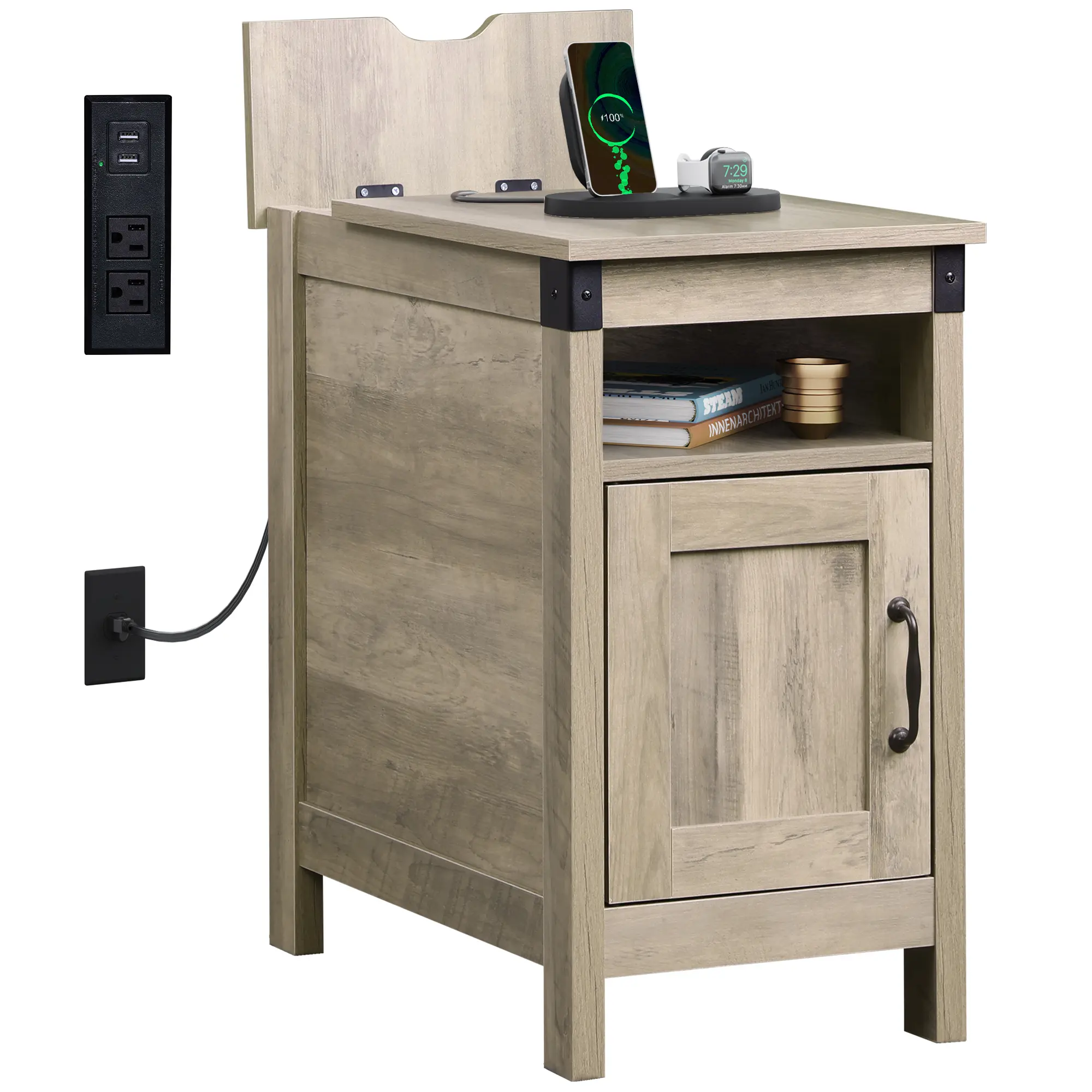 WLIVE Farmhouse Rectangular End Table with Charging Station, USB Ports, Metal Frame - Narrow Small Space Furniture, Bed Side Table, Bedside Nightstand, Living Room Storage Cabinet