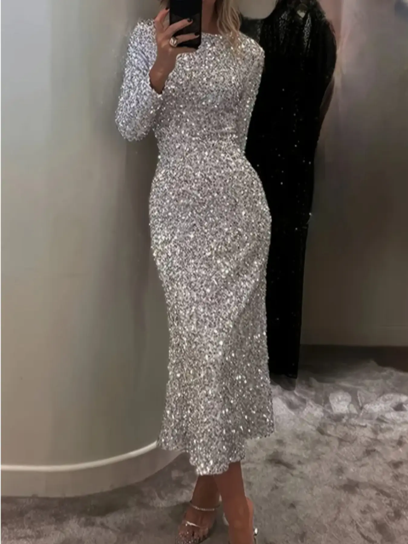 Elegant Chic Women's Long Sleeve Dress, Fall Winter Fashion, Plain Color Sparkle Formal Evening Gown, Ladies' Party Wear