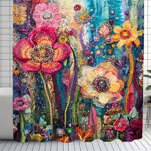 Vintage Colorful Floral Print Shower Curtain with 12 Hooks, Curtain for Windows