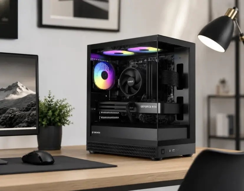 Gaming Desktop Ryzen PC Up to 32GB RAM 1TB SSD RTX 5060 Win11 Wifi Black ARGB