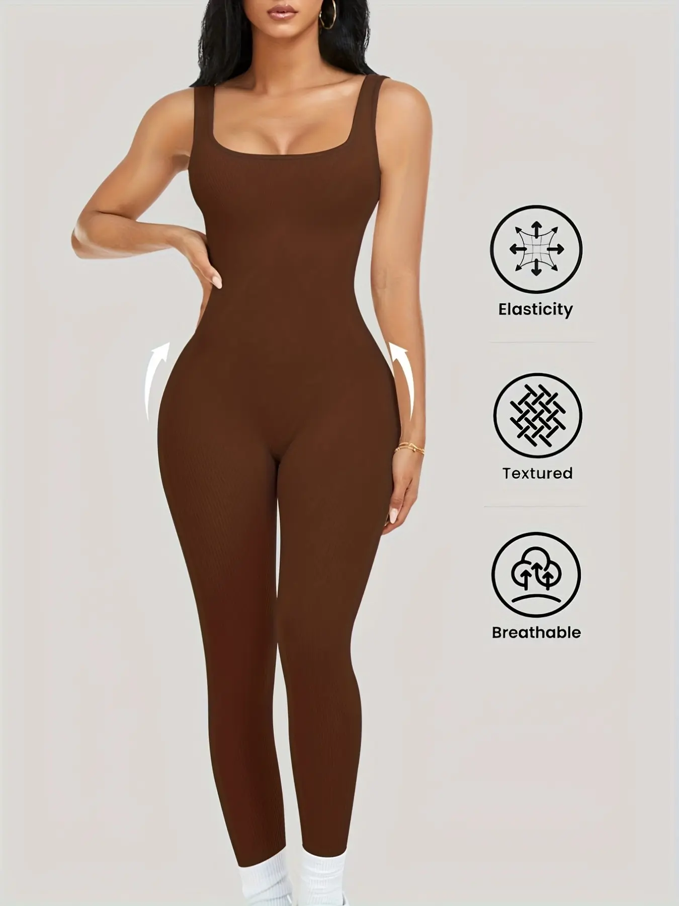 Womens Workout Fitness Jumpsuit Rompers Jumpsuits Tight Fitting Jumpsuit Seamless Ribbed Yoga Gym Stretchable Activewear One Piece Sleeveless Square Neck Tank Top Leggings Unitard Stretchy Jumpsuit Stretchy Sports Jumpsuit
