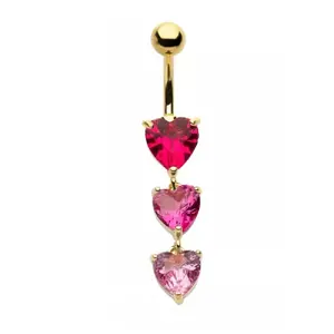 Triple Pink CZ Crystal Hearts Dangling Belly Button Ring - 316L Stainless Steel