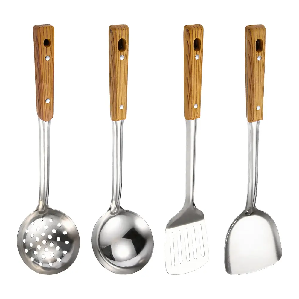 4 Piece Wok Utensils Set Stainless Steel Wok Spatula Ladle Soup with Holes Strainer Slotted Spoon for Kitchen Supplies Metal Cooking Utensils
