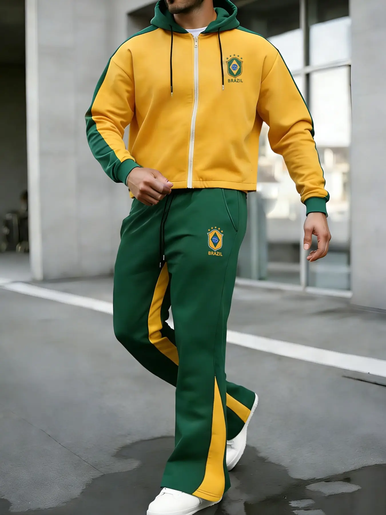 Men's Hooded Sweatshirt Long Pants Tracksuit Set, Athleisure Sweatsuit, Hoodie Sweatpants Set, Brazil Color and Small Icon Design, Casual Sports Wear, Outdoor Sports Clothing