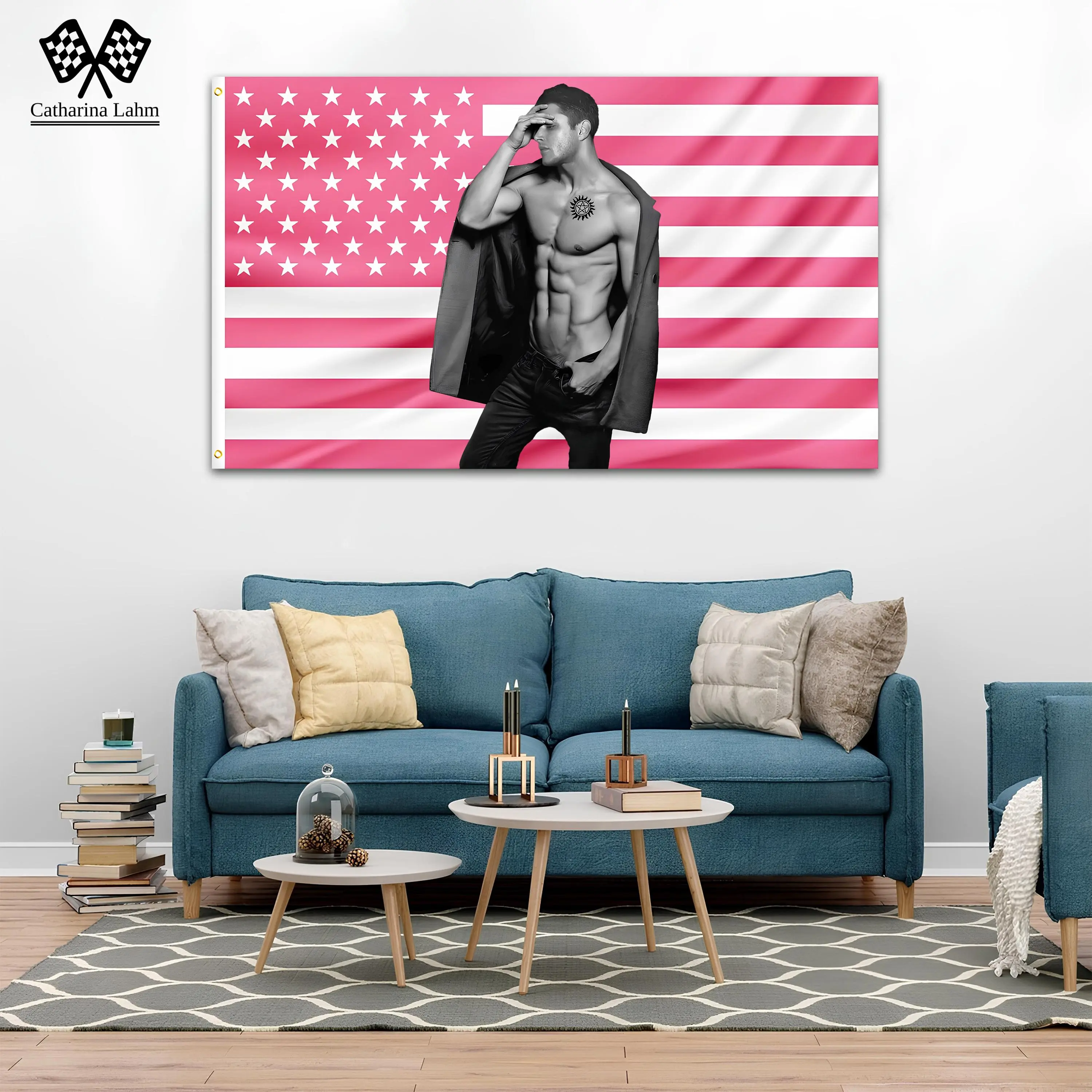 Dean Winchester Shirtless Pink Flag Supernatural Aesthetic Tapestry - Pink & White Print Decorative Wall Art, Indoor/Outdoor Hangable Durable Home Decor, Reinforced Holes, Easy Install, High Color Fastness, Weather Resistant, Multiple Sizes