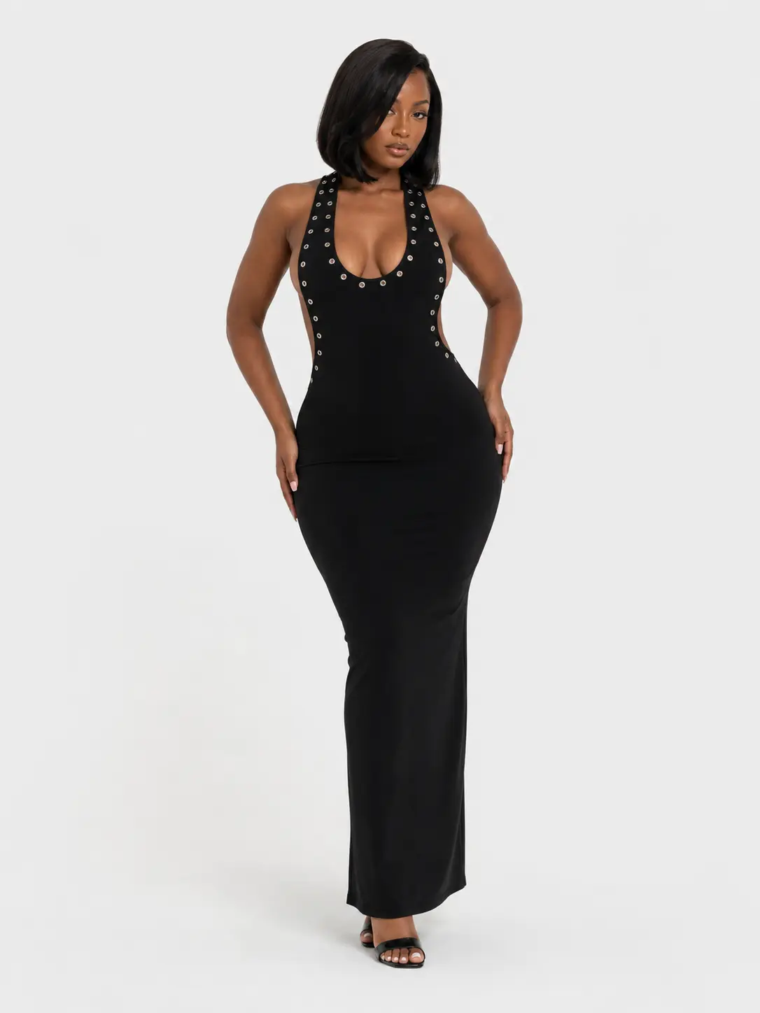 Sculpt Touch Women's Eyelet Detail Scoop Neck Maxi Dress Sleeveless Backless Bodycon Evening Party Dress