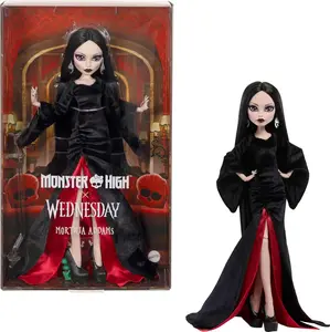 Monster High x Wednesday Doll, Morticia Addams Collectible in Black and Crimson Velvet Dress with Jewelry, Show-Inspired Heels and Doll Stand