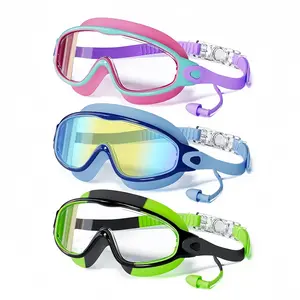 3-piece swimming goggles set, children's goggles with earplugs and nose clip, large-frame anti-fog/UV-protection wide-view swimming goggles, suitable for boys and girls aged 4-12, Swim Glasses, Water Goggles, Kid Swim Goggles