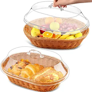 Woven Bread Basket with Acrylic Lid, Imitation Rattan Bread Basket, Oval Woven Fruit Basket with Cover for Food Vegetable Display