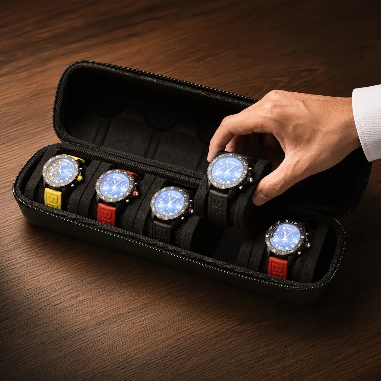Single-piece 5-compartment watch storage box with cushioned dividers and handle, flip-top lid, sturdy portable case, scratch-resistant design, unisex, suitable for home and travel, shock protection, Father’s Day edition