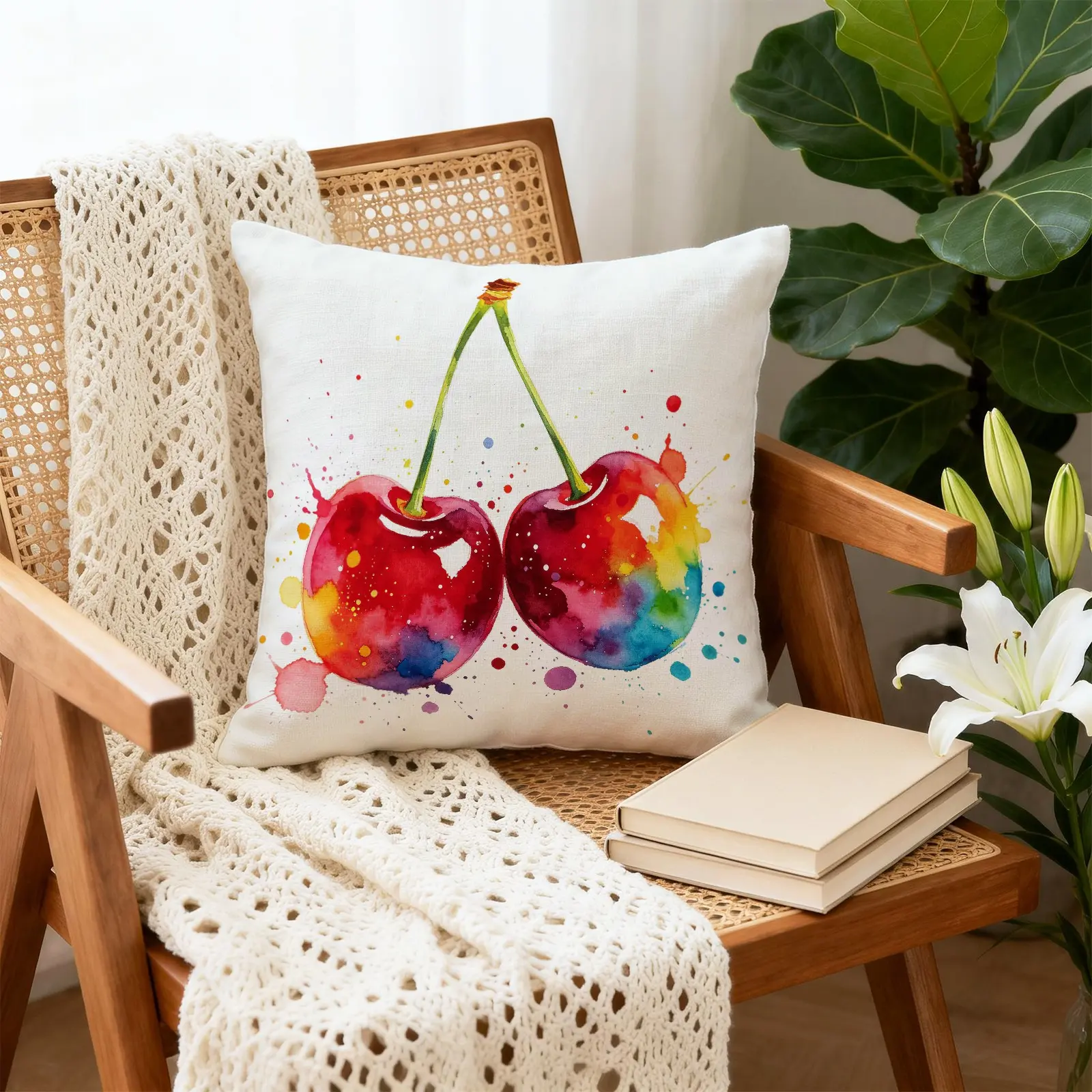 45x45cm 1Pcs Watercolor Splash Rainbow Fruit Trendy Print Throw Pillow, Machine Washable Soft Skin-friendly Good Resilience, Suitable for Summer Living Room Sofa Decor (With Pillow Insert)