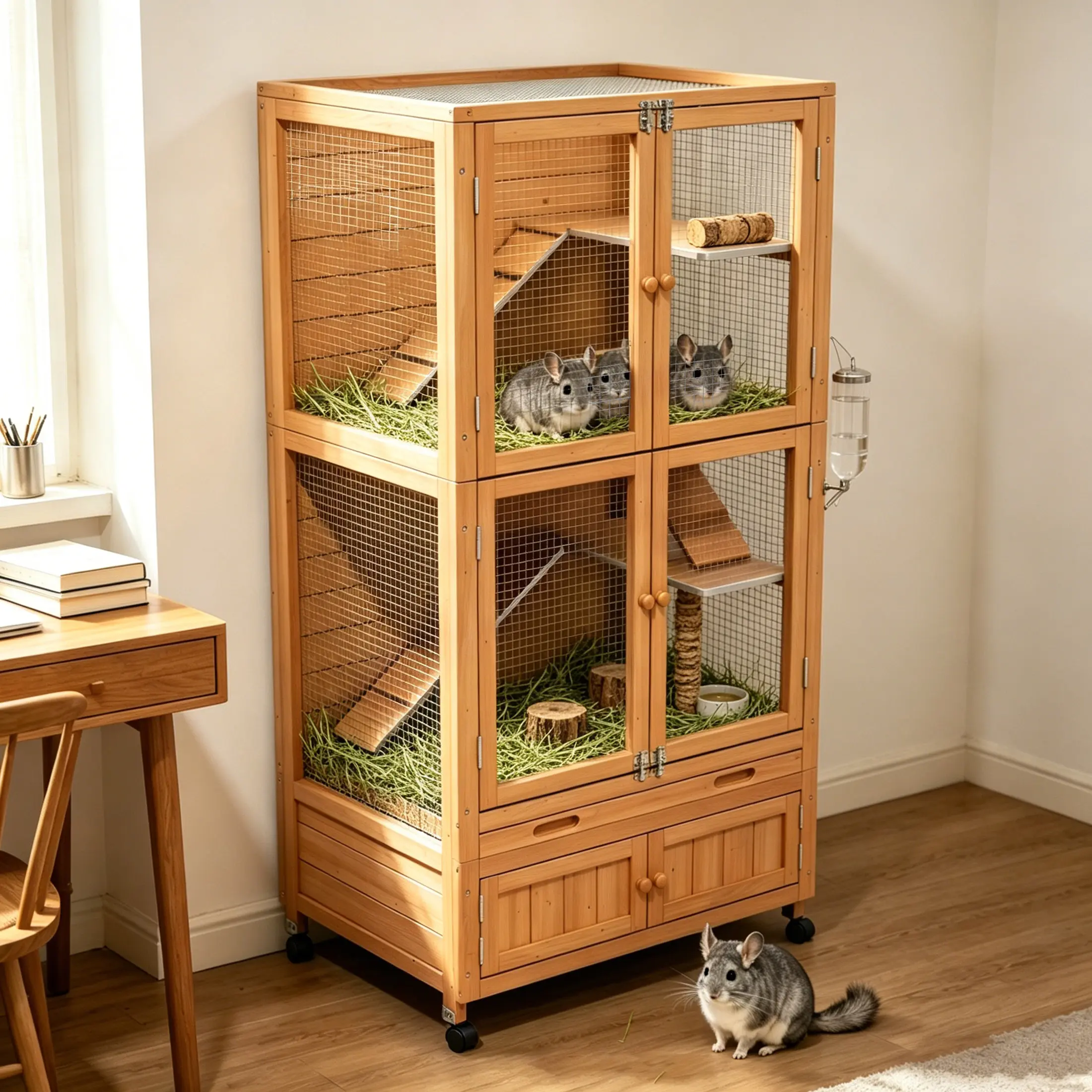 Multi-Level Chinchilla Cage Chew-Proof Indoor Ventilated Wood Small Animal Hutch with Wheels Storage Cabinet,Orange