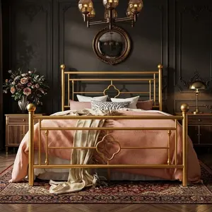Victorian Vintage Metal Platform Bed Frame with Decorative Headboard and Footboard, Noise-Free Mattress Foundation, Large Under Bed Storage, No Box Spring Needed, Easy Assembly, Available in Twin Full Queen King Size velvet