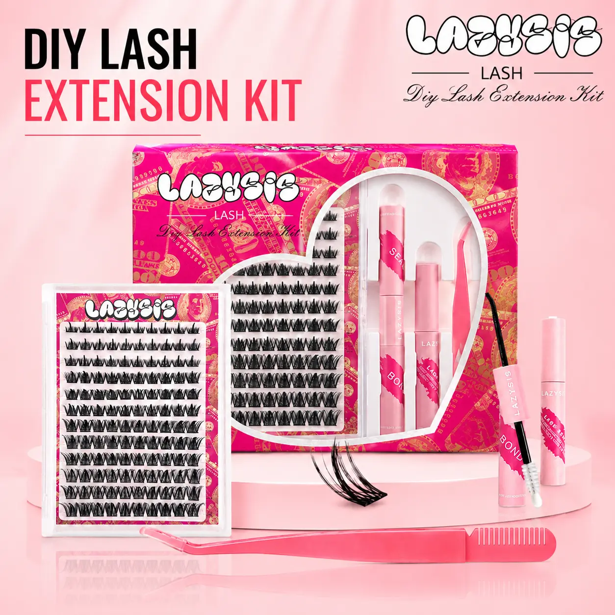 Lazysis Trilogy Waterproof DIY Cosmetic Eyelash Extension Kit - Easy-to-Apply Wispy D Curl Lash Clusters, Long-Lasting Lightweight Reusable Set with Bond and Seal, Soft Fluffy Invisible Band for Everyday Glam & Summer Outdoor Use, Eyelash Extensions