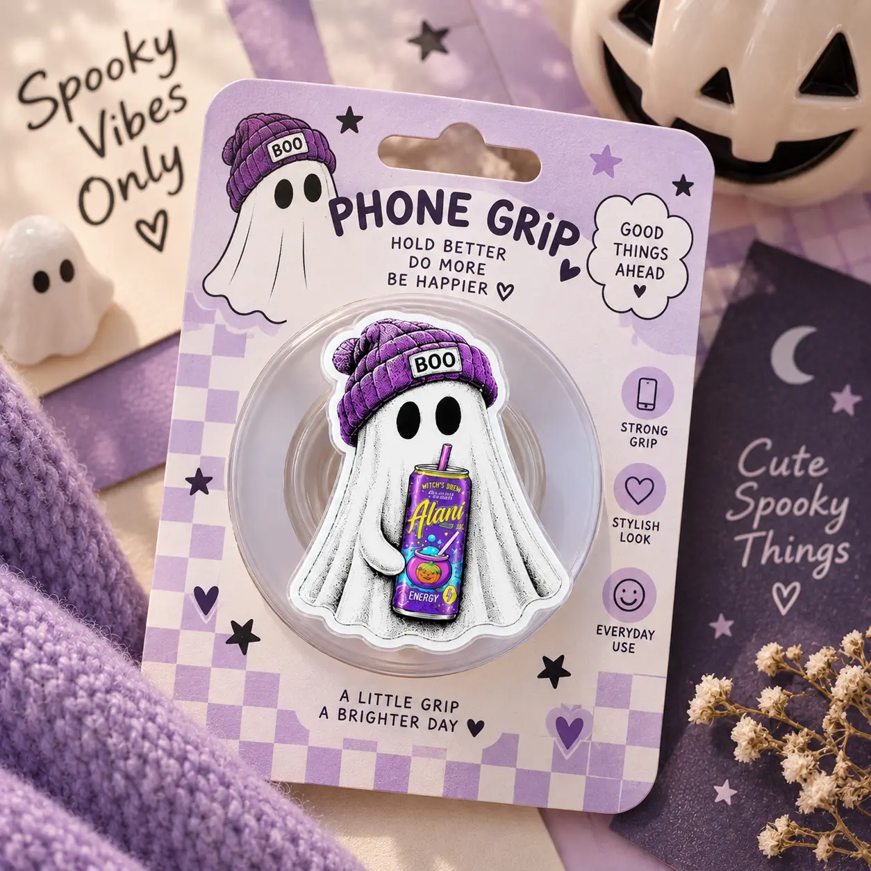 Cute Halloween Ghost Phone Grip Stand, Purple Spooky Ghost MagSafe Phone Holder, Kawaii Halloween Phone Accessory, Kindle Grip, Fall Gift