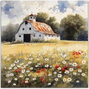 Framed Barn Wall Art 16x16 Inch – Rustic Farmhouse Wall Decor with Flowers and Grassland – Country Landscape Picture for Living Room, Kitchen, Bedroom