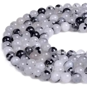 Gorgeous Black Rutilated Quartz Natural Gemstone Loose Beads 8Mm Smooth round Approxi 15 Inch DIY Bracelet Necklace for Jewelry Making PLTbeads
