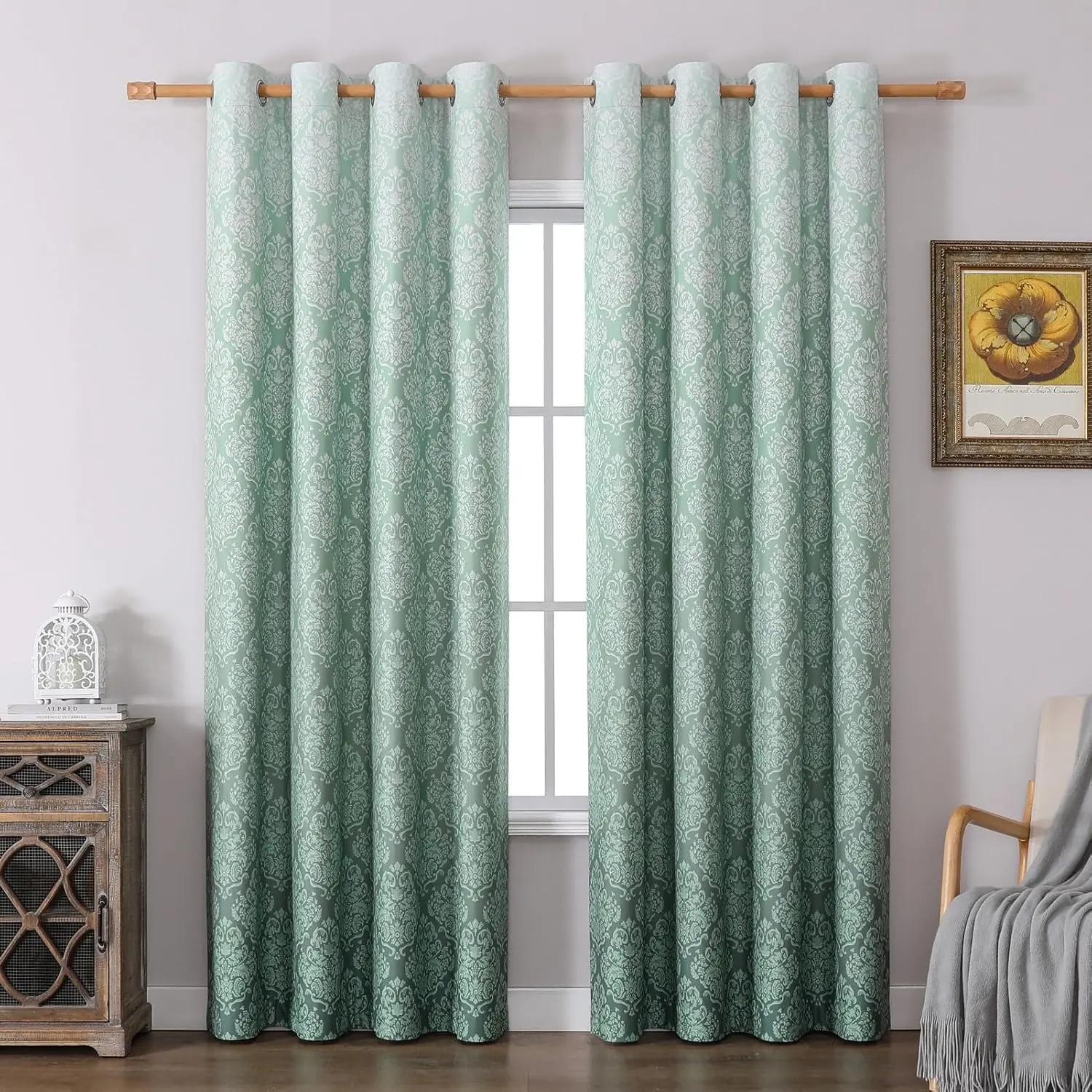 Ombre Blackout Curtains 84 Inch for Living Room, Damask European Print  Room Darkening Window Drapes Thermal Insulated Bedroom Curtains (Green, 52W x 84L)
