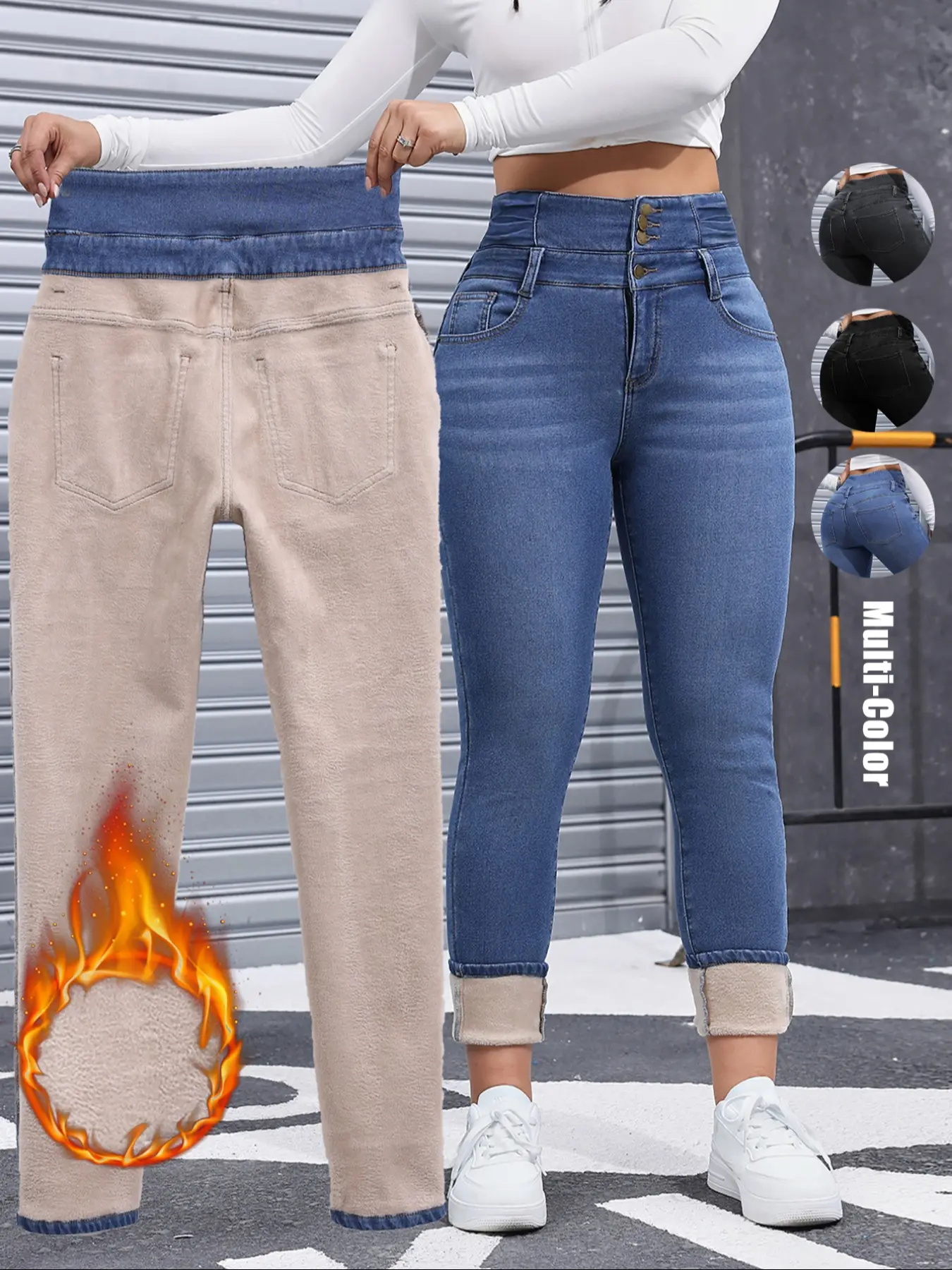 Amoyer Women's High Elasticity Fleece Lined Thick Denim Jeans, Fall & Winter Fashion, Comfortable Slimming Jeans, Elegant Style