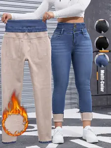 Amoyer Women's High Elasticity Fleece Lined Thick Denim Jeans, Fall & Winter Fashion, Comfortable Slimming Jeans, Elegant Style