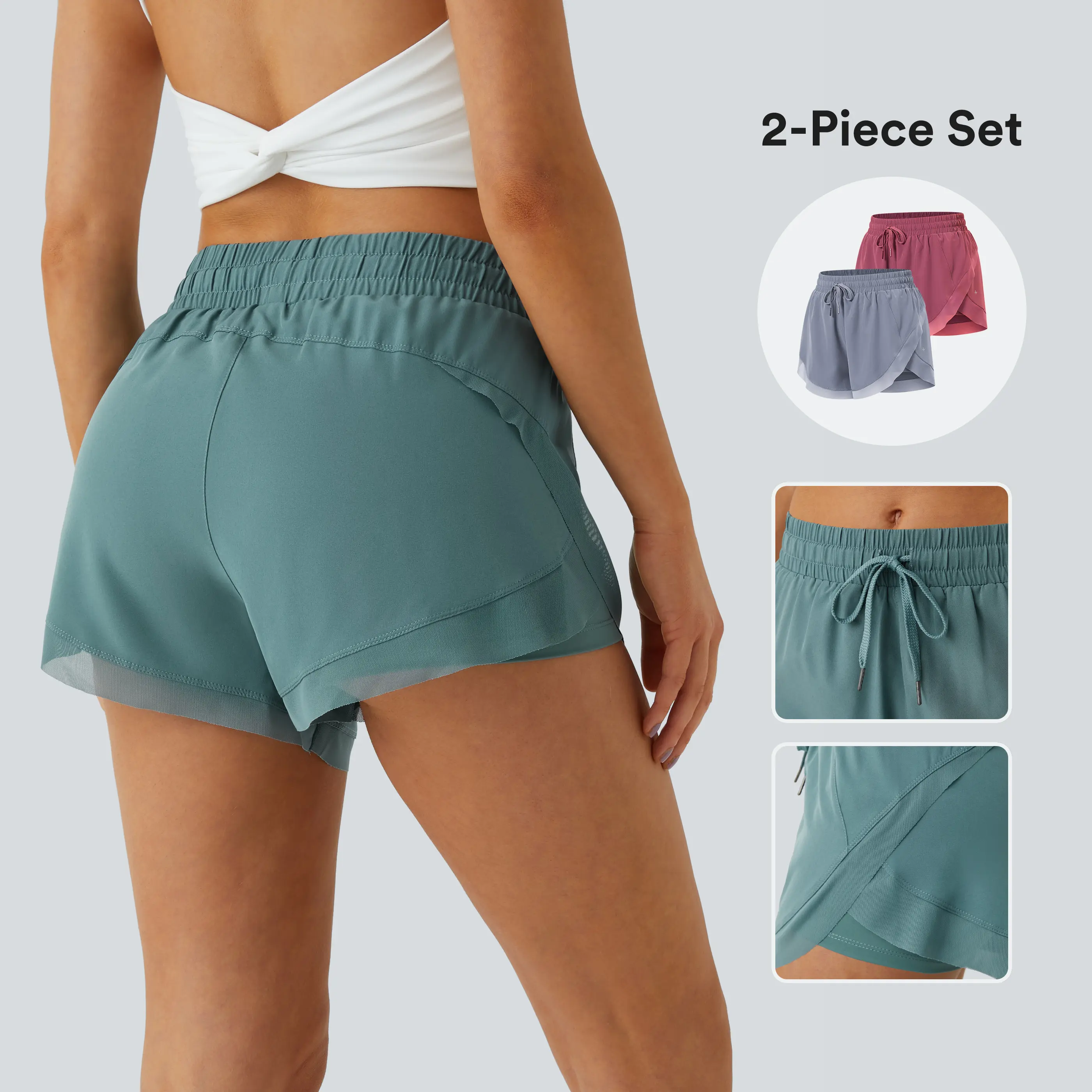 Halara 2-Piece Mid Rise Drawstring Contrast Mesh Dolphin 2-in-1 Flowy Running Shorts 3'' Set #BackToSchool