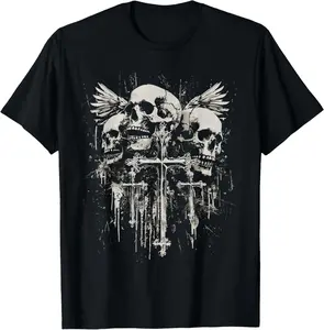 Skull Cross Y2K Goth Alt Grunge Gothic Emo Aesthetic Summer Casual Shortsleeve Cotton T-Shirt