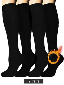 Women's Solid Thermal Lined Knee High Socks, Casual Comfy Warm Elastic Socks for Hiking, Working, Cycling, Women's Socks for Fall & Winter, Casual Daily Socks