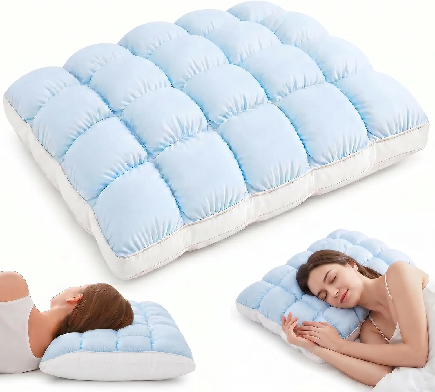 Cooling Sleeping Pillow, Fluffy Cloud Pillow with Ice Silk Cooling Cover, Quilted Grid Support Pillow for Side and Back Sleepers, Machine Washable