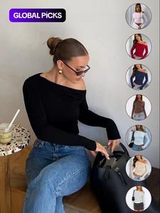 women's plain ruched asymmetrical neck crop tee, elegant top, fashion long sleeve t-shirt for daily outdoor wear, women clothing for fall & winter