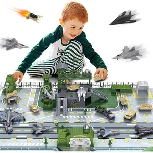 Military Base Toy Army Toys Set with 13 Vehicles Airplane Tank Trucks Helicopter Fighter Jet, Play Mat with Army Men Action Figures and Accessories, Birthday Gift for Kids