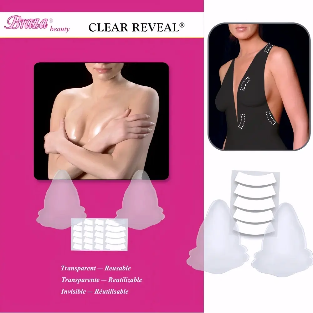 Braza Reveal Reusable Clear Silicone Adhesive Strapless Bra -One Size- for Backless, Sheer, Strapless, Plunge Dresses and Events, Weddings and Travel