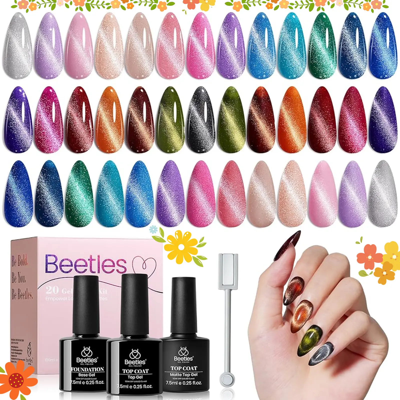 [Beetles] 6 / 20 Colors Gel Nail Polish Set - 5 mL Gemstone Party Galaxy Gemlight Cat Eye Effect Burgundy Red Purple Black with Magnet Pen & Top Coat DIY Salon Manicure Gifts for Women