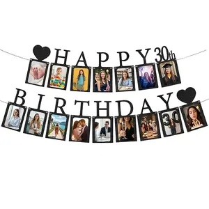 30th Birthday Photo Banner, Black Glitter Happy 30th Birthday Garland with Picture Frames, 30 Years Old Milestone Birthday Party Decorations Supplies, Backdrop Banner