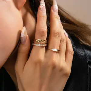 Gold Textured & Crystal Stacking Ring Trio