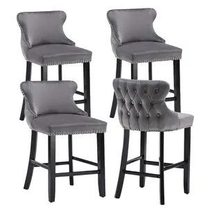 Modern Velvet Upholstered Bar Stools Set of 2 or 4, Height Bar Stools, Velvet Upholstered Barstools with Solid Wood Legs, Button Tufted and Nailheads Trim, For Kitchen Island, Counter Height Chair for Kitchen, Bar, Dining Room