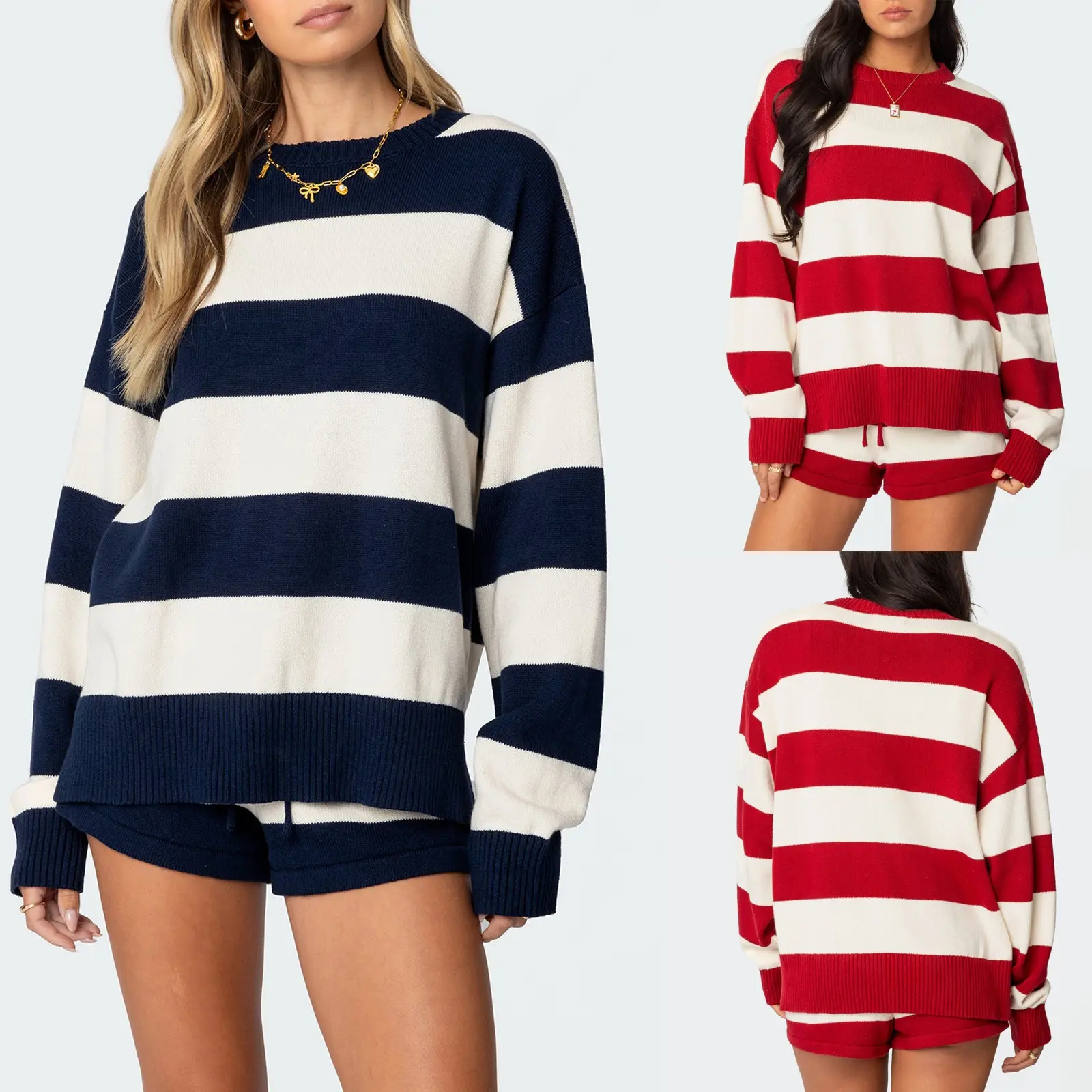 Women Striped Knit Sweater Set 2 Piece Outfit Oversized Long Sleeve Sweater and Shorts Matching Lounge Sets