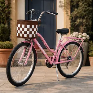 26 Inch 7-Speed City Commuter Bike for Women Men, Step-Through Steel Frame Cruiser Bicycle with Detachable Basket, Lock, Rear Rack, V-Brakes, Pink, Ideal for Urban Riding, Commuting, Leisure, Pink Color Options, Steel Material